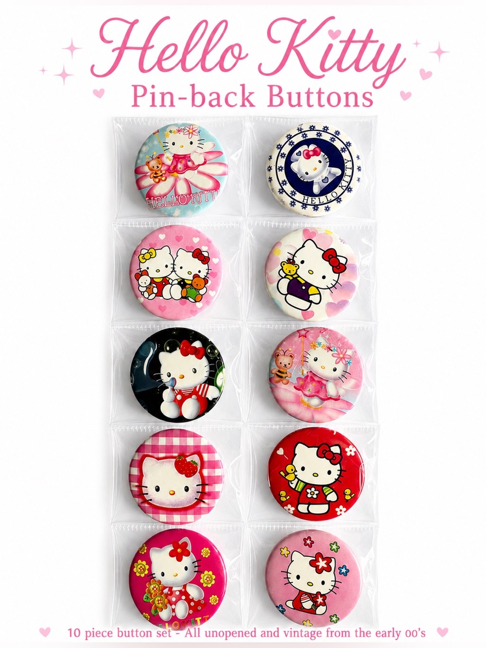 Hello Kitty Pin-Back Button 10 piece Set- VINTAGE unopened pins from early 00’s